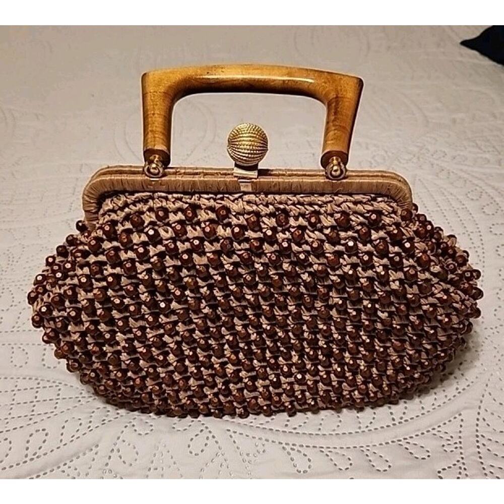Vtg Beaded Woven Raffia Italian Handbag Purse Brown Wooden Handle Mid Century